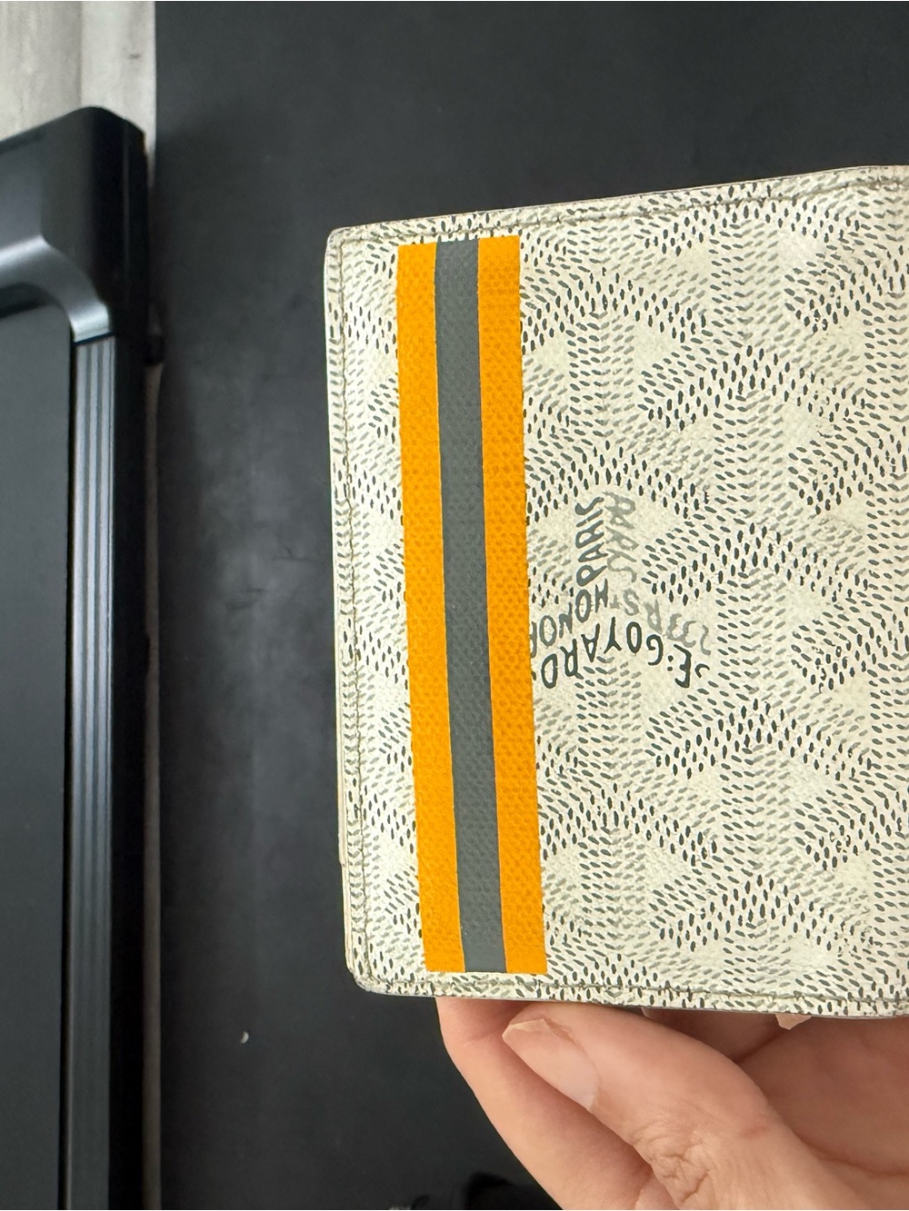 White Wallet with Orange and Gray Stripe